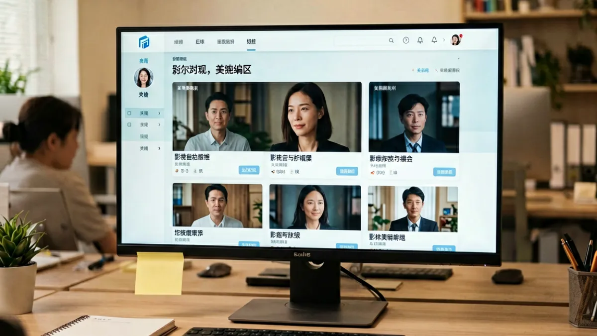 人妻猎人平台关于我们页面的主视觉，展示团队工作场景与内容导航界面截图
