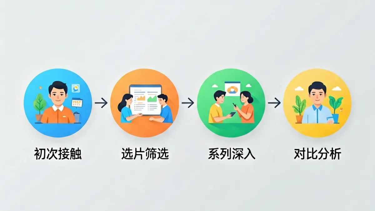 人妻猎人入门科普示意图，展示从选片到深入了解系列背景的学习路径流程图