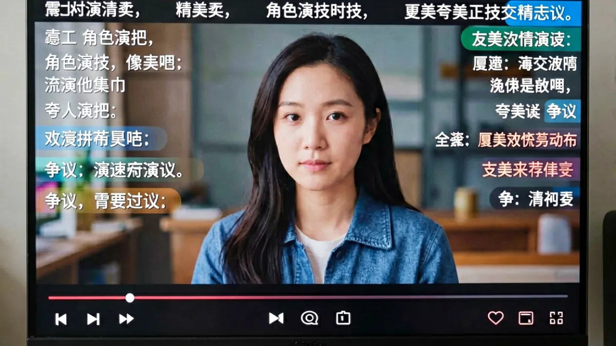 弹幕区网友对人妻猎人角色演技发出密集评论，屏幕右侧显示实时弹幕互动热度