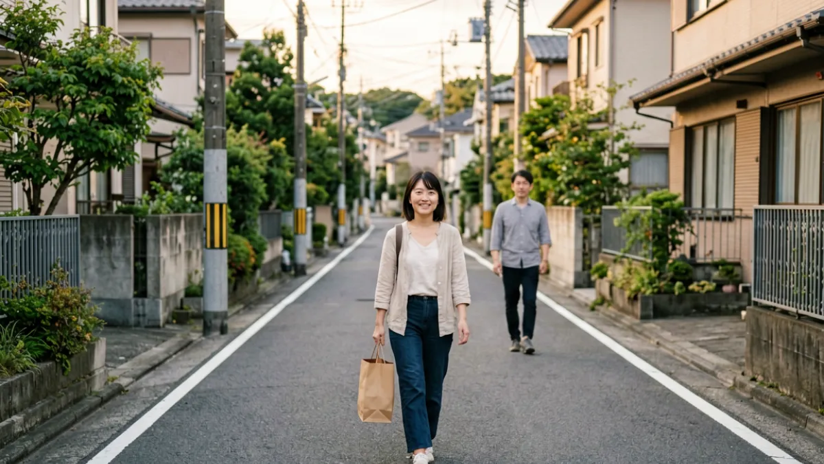 人妻猎人系列封面场景：男主角在住宅街道搭讪一位穿着日常的人妻角色